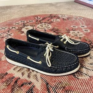 Sperry Navy Woven Leather Boat Shoes with Cream Laces